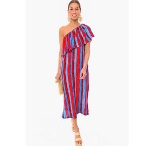 Tuckernuck Pomander Place Painterly Stripe Florencia One Shoulder Midi Dress L